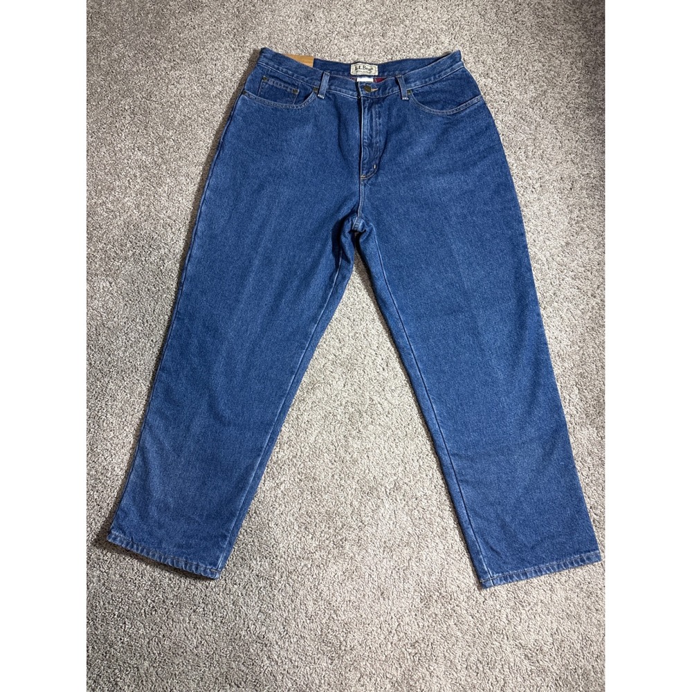LL Bean Flannel Lined Jeans Womens 16 Pet Relaxed Original Fit Blue Plaid 216147